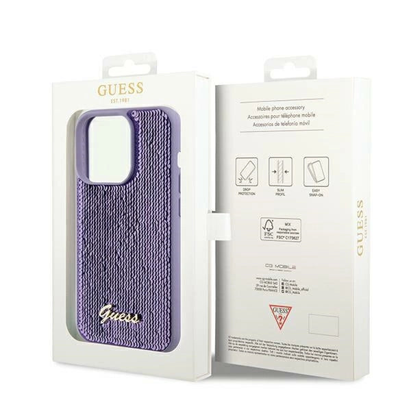 Guess Sequin Script Metal case for iPhone 14 Pro - purple