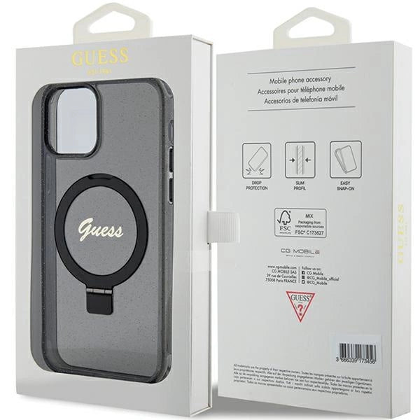 Guess Ring Stand Script Glitter MagSafe case for iPhone 12/12 Pro - black