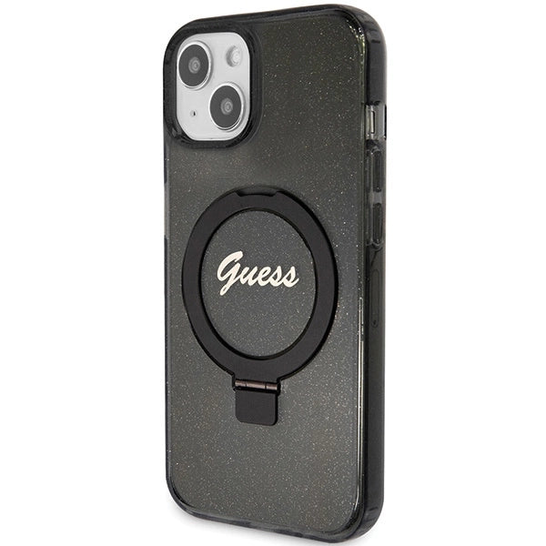 Guess Ring Stand Script Glitter MagSafe case for iPhone 13 / 14 / 15 - black