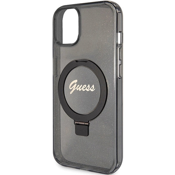 Guess Ring Stand Script Glitter MagSafe case for iPhone 14 / 15 / 13 - black