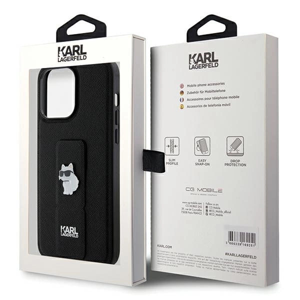 Karl Lagerfeld Gripstand Saffiano Choupette Pins Case for iPhone 13 Pro / 13 - Black