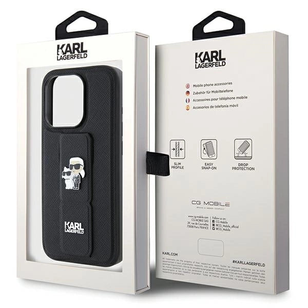 Karl Lagerfeld Gripstand Saffiano Karl&Choupette Pins case for iPhone 13 Pro / 13 - black
