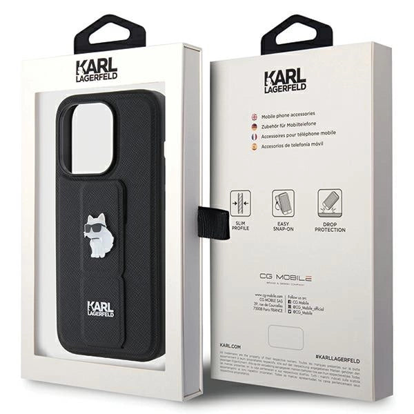 Karl Lagerfeld Gripstand Saffiano Choupette Pins case for iPhone 14 Pro - black
