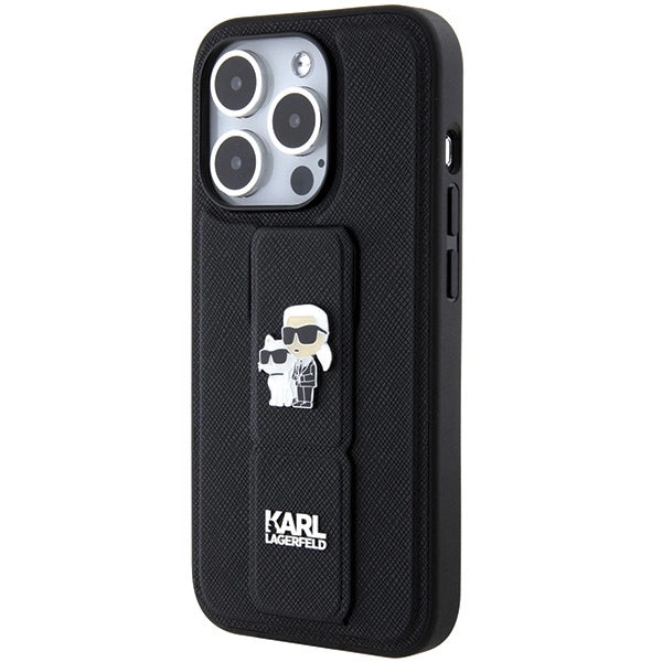 Karl Lagerfeld Gripstand Saffiano Karl&Choupette Pins case for iPhone 14 Pro - black