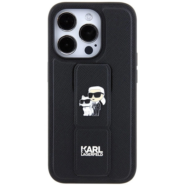 Karl Lagerfeld Gripstand Saffiano Karl&Choupette Pins case for iPhone 14 Pro - black