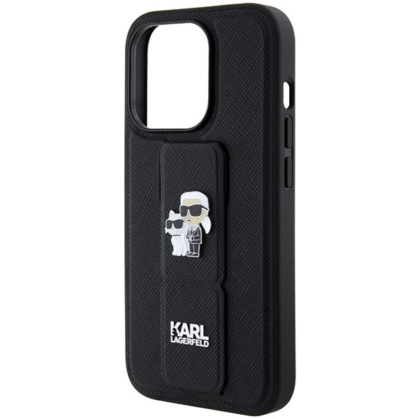 Karl Lagerfeld Gripstand Saffiano Karl&Choupette Pins case for iPhone 14 Pro - black