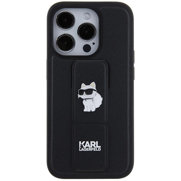 Karl Lagerfeld Gripstand Saffiano Choupette Pins case for iPhone 14 Pro Max - black