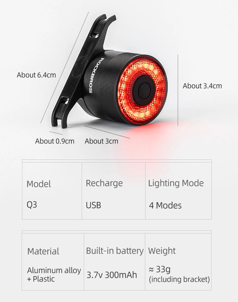 Rockbros Q3 Rear Bike Light with Smart Stop System - Black