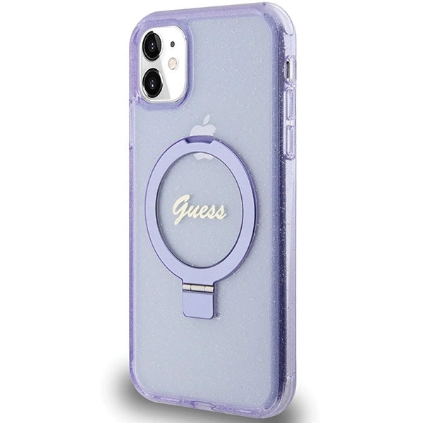 Guess Ring Stand Script Glitter MagSafe case for iPhone 11 / Xr - purple