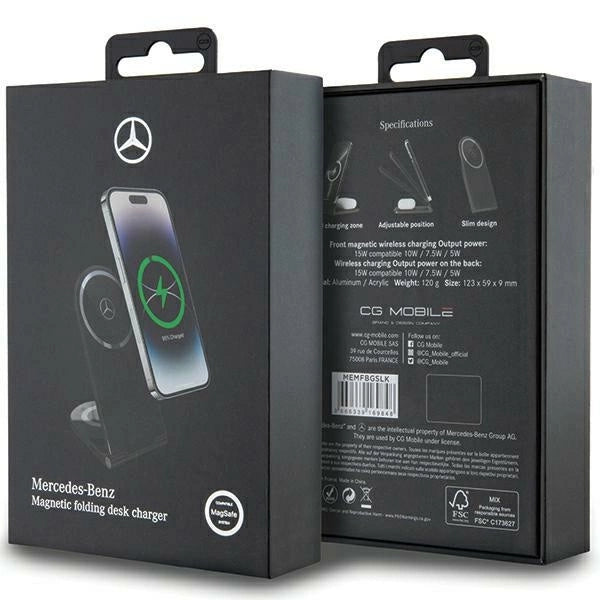 Mercedes Silver Stars MagSafe sammenklappelig 2in1 15W induktiv oplader - sort