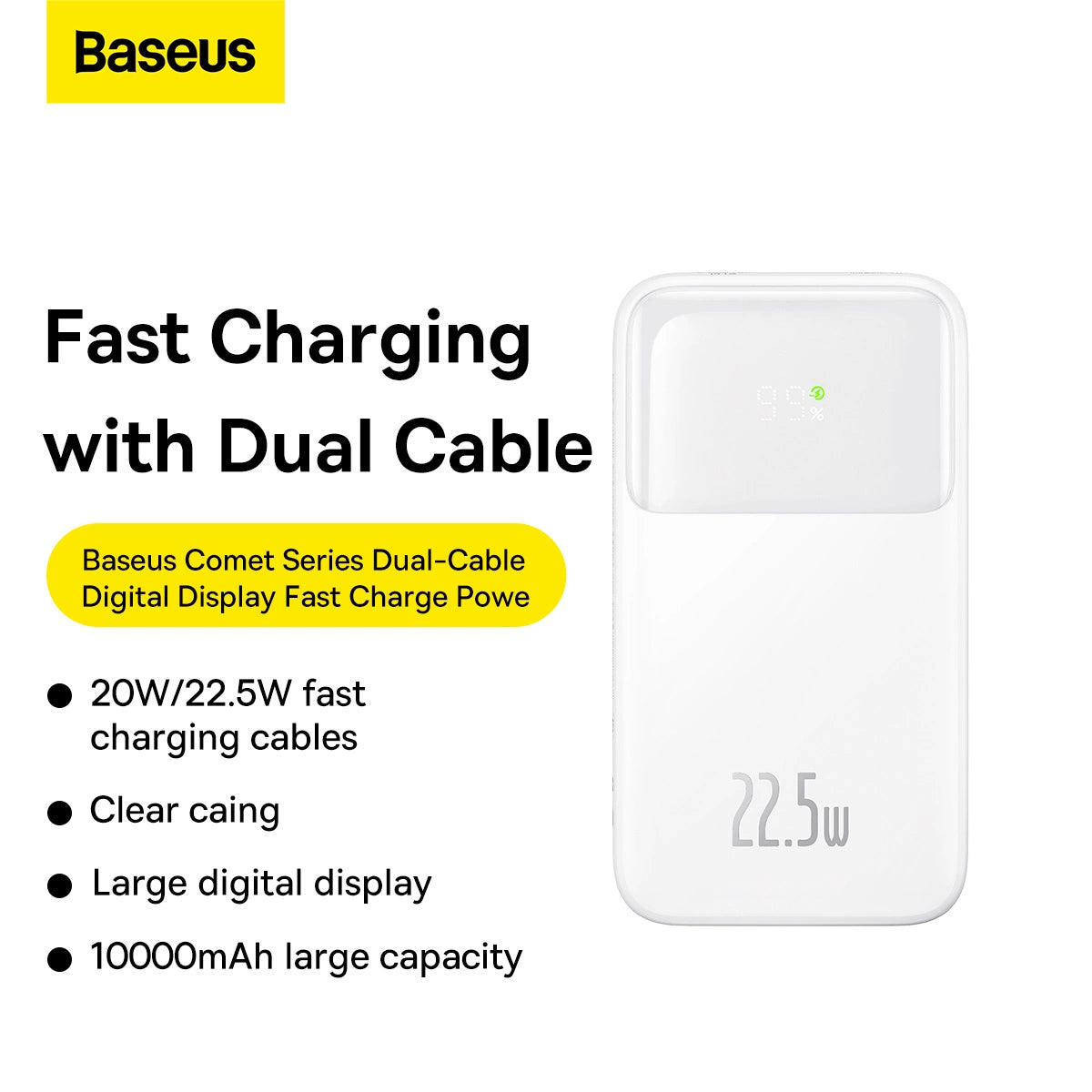Baseus Comet Series powerbank med display 10000mAh 22.5W - hvid + USB-A - USB-C kabel