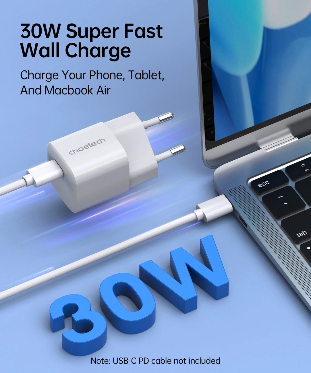 Choetech PD5007 USB-C PD 30W GaN vægoplader - hvid
