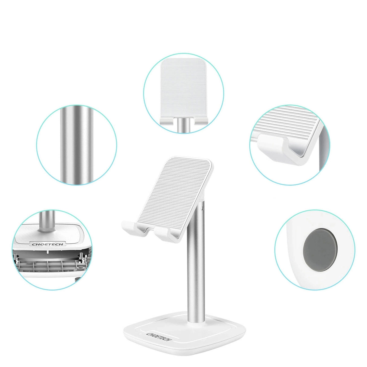 Choetech H035 aluminium stand til en telefon eller tablet med justering - hvid og sølv