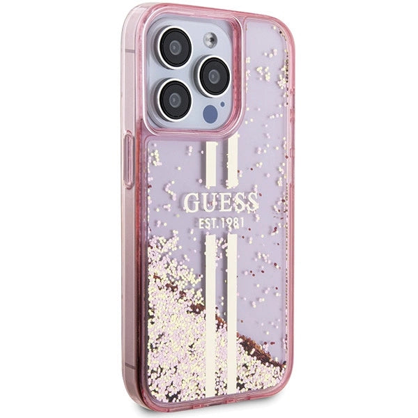 Guess Liquid Glitter Gold Stripes case til iPhone 15 Pro - pink
