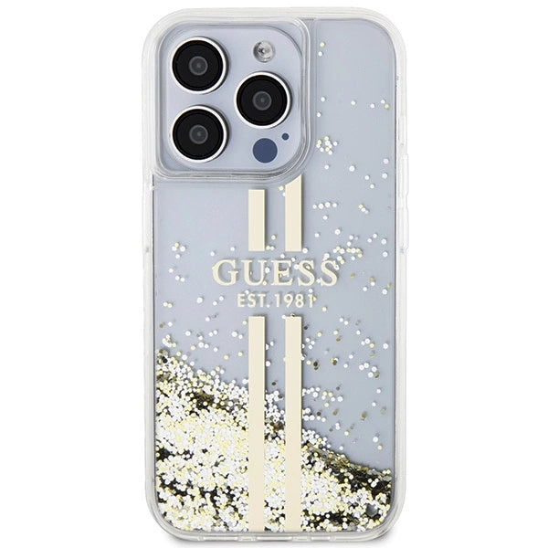 Guess Liquid Glitter Gold Stripes case til iPhone 15 Pro - gennemsigtig