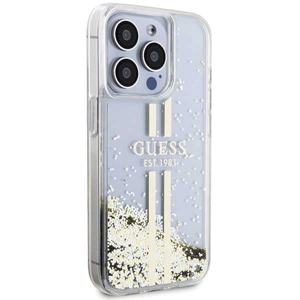 Guess Liquid Glitter Gold Stripes case til iPhone 15 Pro - gennemsigtig