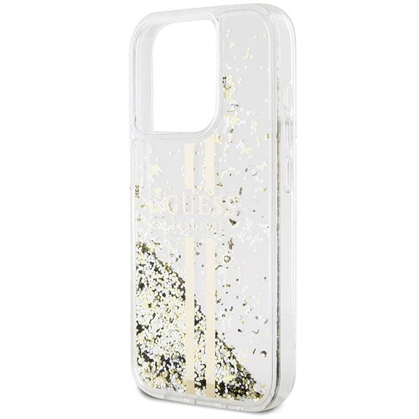 Guess Liquid Glitter Gold Stripes case til iPhone 15 Pro - gennemsigtig