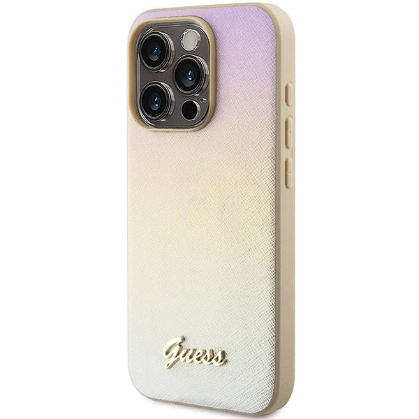 Guess Saffiano Iridescent Script case for iPhone 15 Pro - gold
