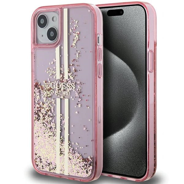 Guess Liquid Glitter Gold Stripes case til iPhone 15 Plus / 14 Plus - pink