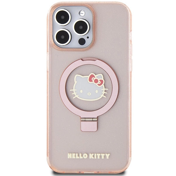 Hello Kitty Ring Stand Glitter Electrop Logo MagSafe Case for iPhone 15 Pro Max - Pink