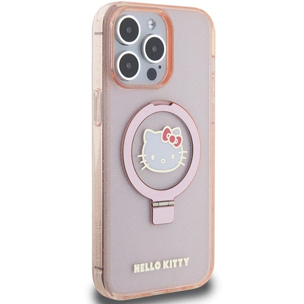 Hello Kitty Ring Stand Glitter Electrop Logo MagSafe Case for iPhone 15 Pro Max - Pink
