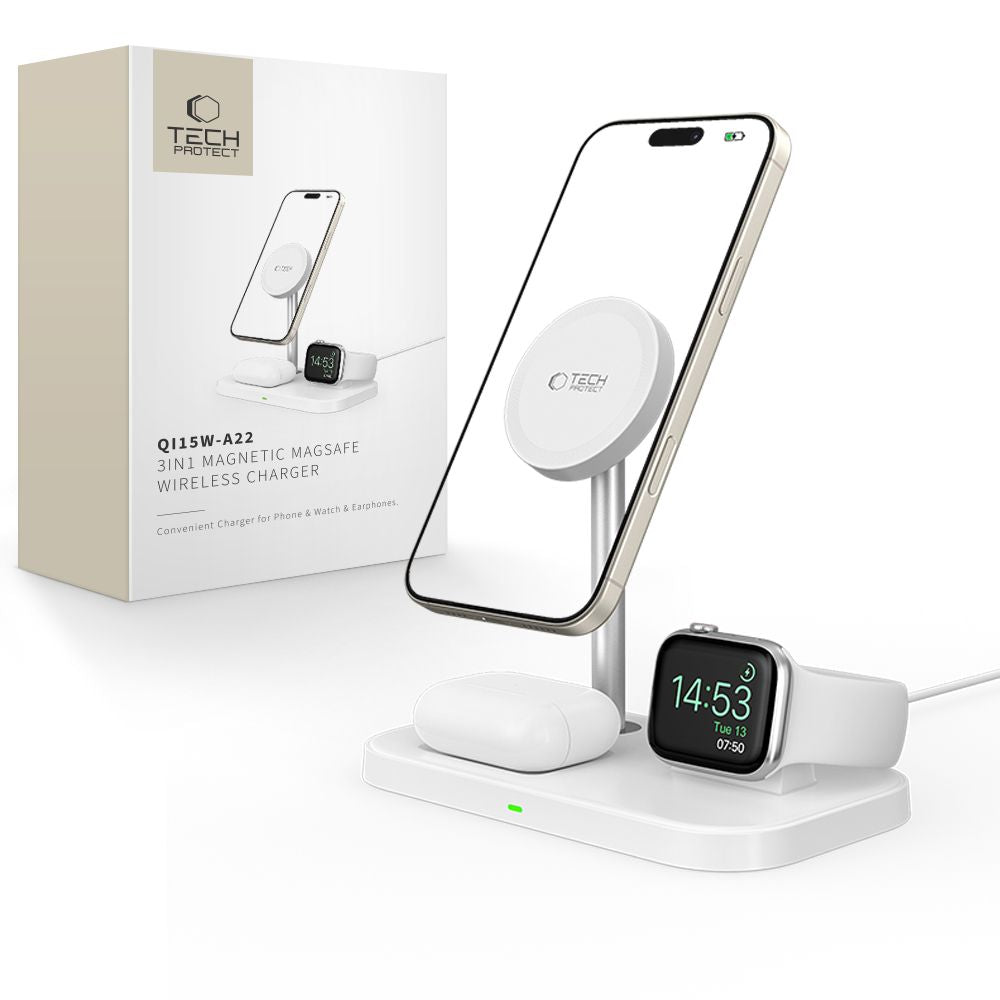 Tech Protect Qi15 W A22 3 I 1 Magnetisk Magsafe Trådløs Oplader Hvid