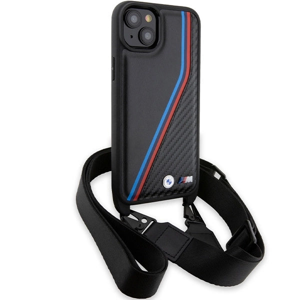 BMW M Edition Carbon Tricolor Lines & Strap Case til iPhone 15 / 14 / 13 - sort