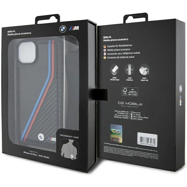 BMW M Edition Carbon Tricolor Lines & Strap Case til iPhone 15 / 14 / 13 - sort