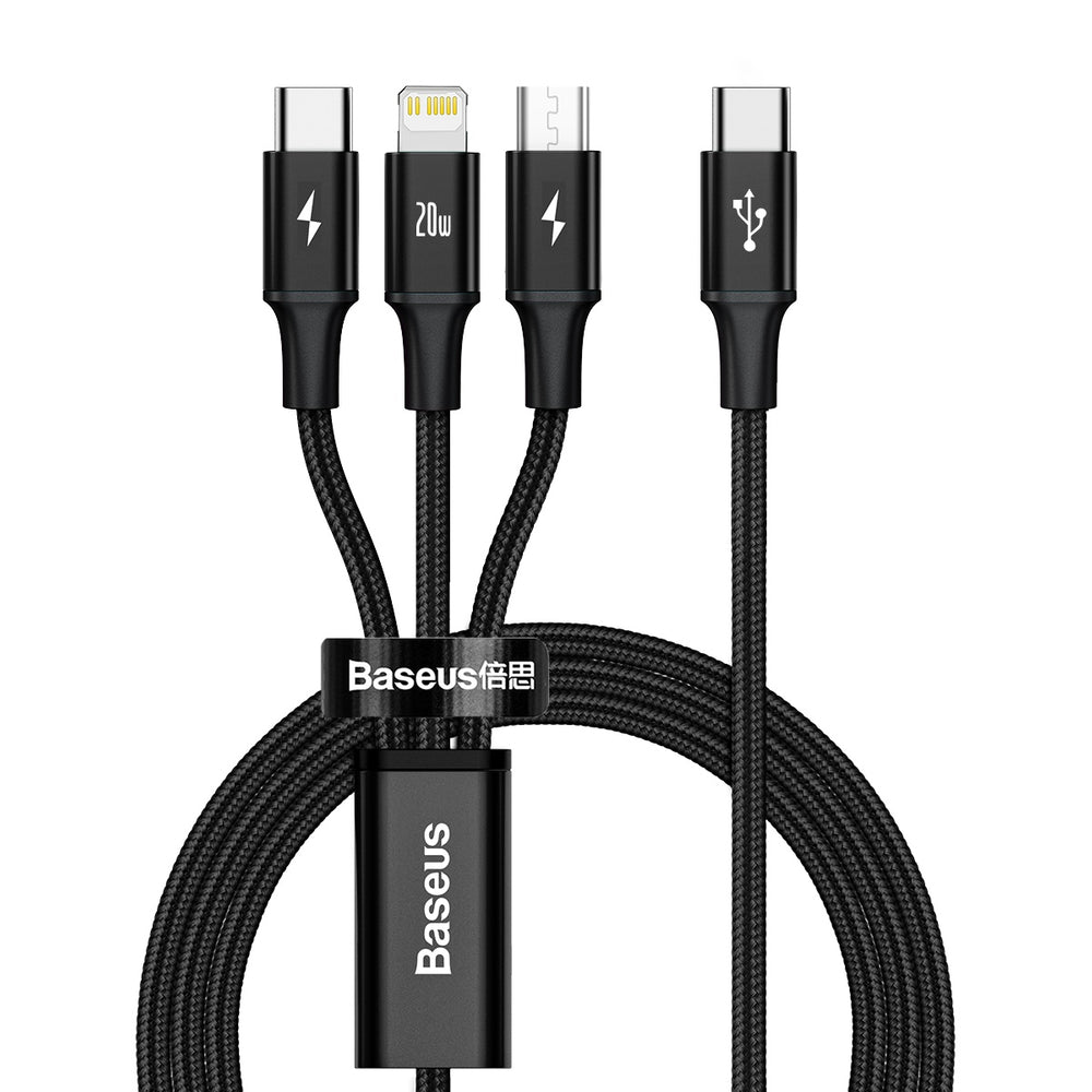 Baseus Rapid Series 3in1 USB-C - USB-C / Lightning / micro USB kabel 20W PD 1.5m - sort