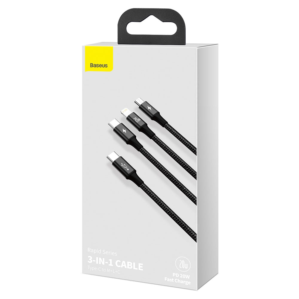 Baseus Rapid Series 3in1 USB-C - USB-C / Lightning / micro USB kabel 20W PD 1.5m - sort