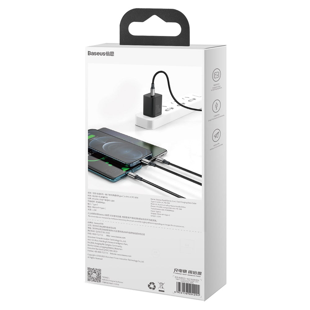 Baseus Rapid Series 3in1 USB-C - USB-C / Lightning / micro USB kabel 20W PD 1.5m - sort