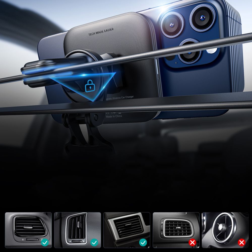 ESR Halolock Magnetisk QI2-bilholder med MagSafe 15W induktiv oplader til luftventilation - sort