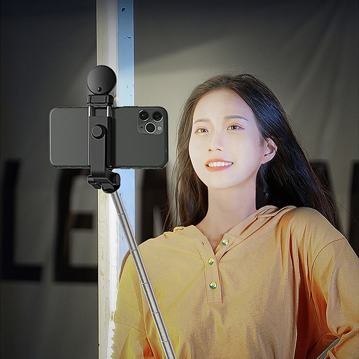 Selfie stick WH1YXS teleskopisk stativ 1m med rund lampe og telefonholder - sort