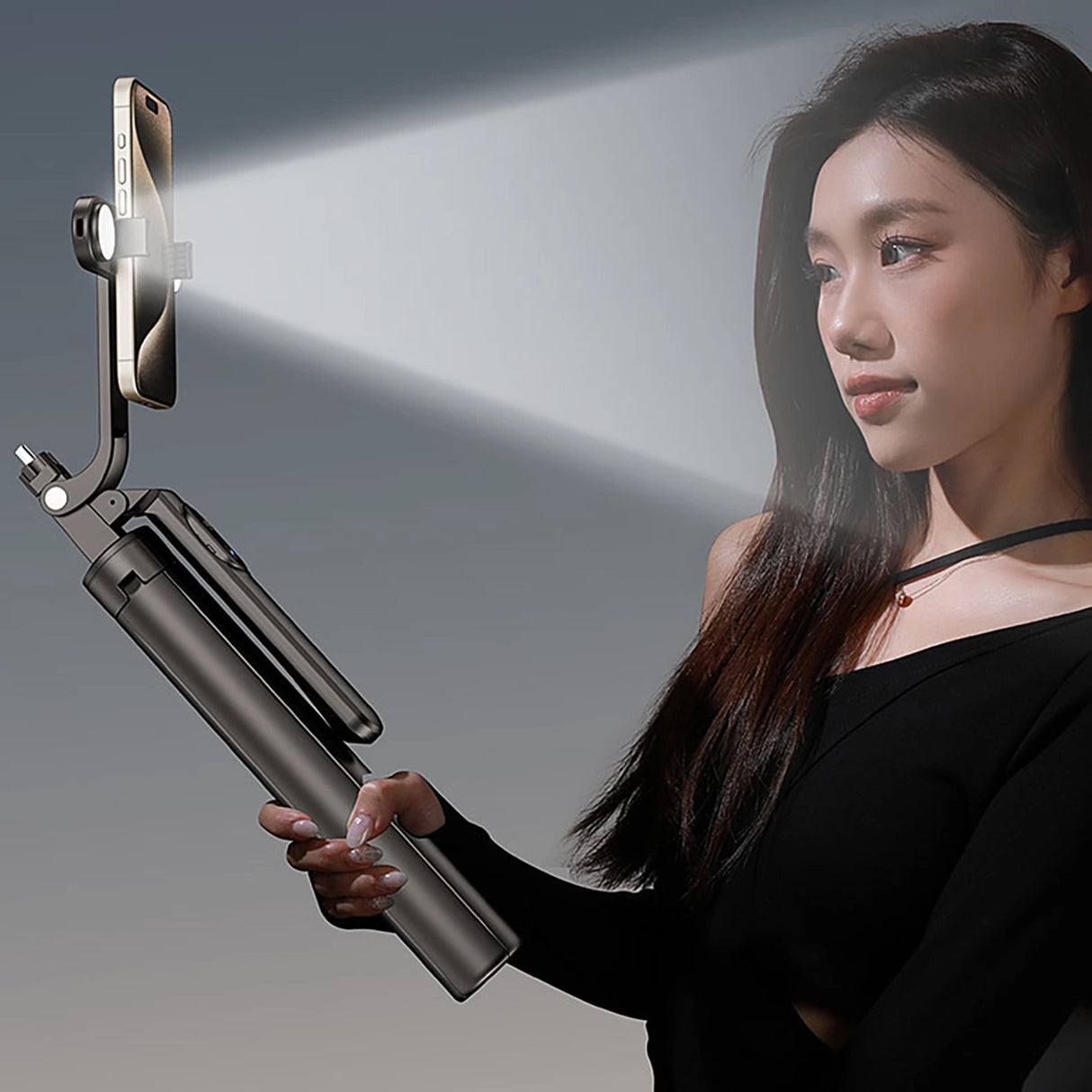 Selfie-stick WH181D-Y1S 1,75 m teleskopisk stativ af aluminiumlegering med dobbelt lampe og telefonholder - sort