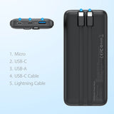 Powerbank Choetech B654 10000mAh 22.5W USB-A / USB-C / micro USB med indbygget USB-C / Lightning kabel - sort