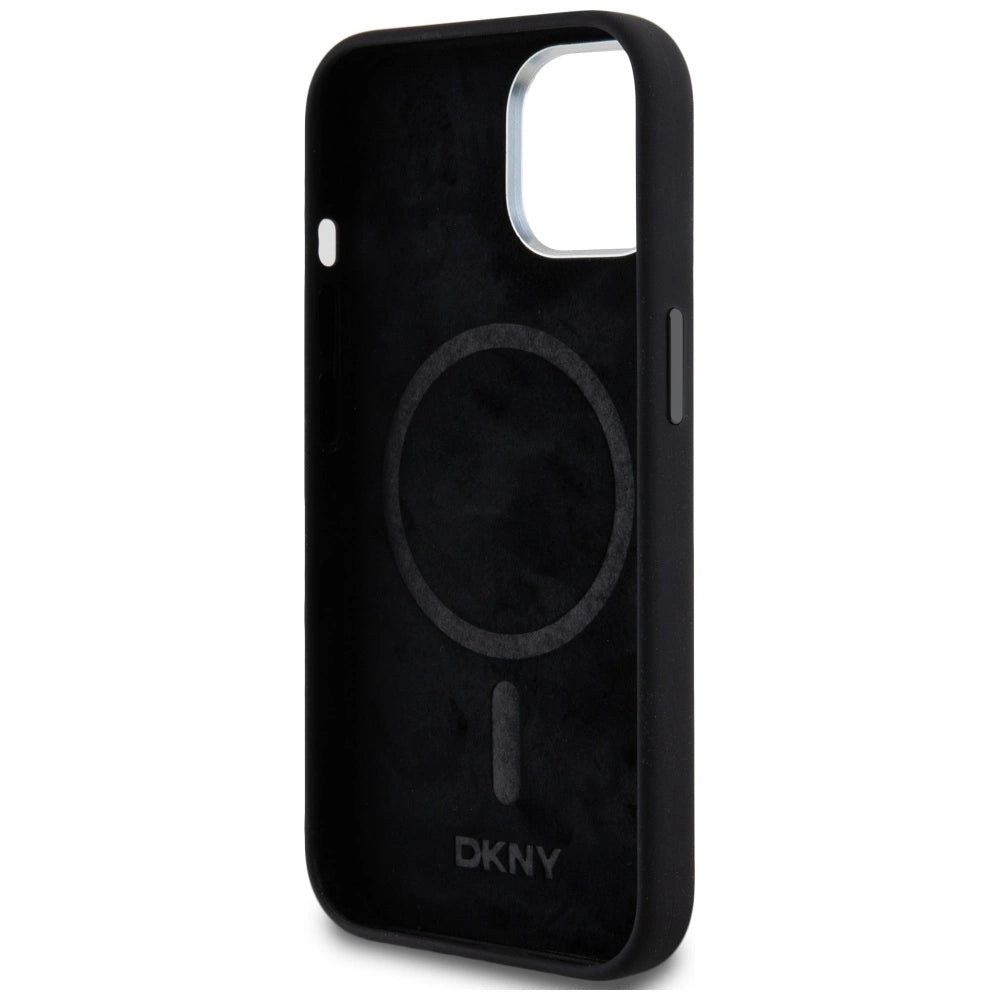 DKNY Liquid Silicone Small Metal Logo MagSafe Case for iPhone 14/15/13 - Black