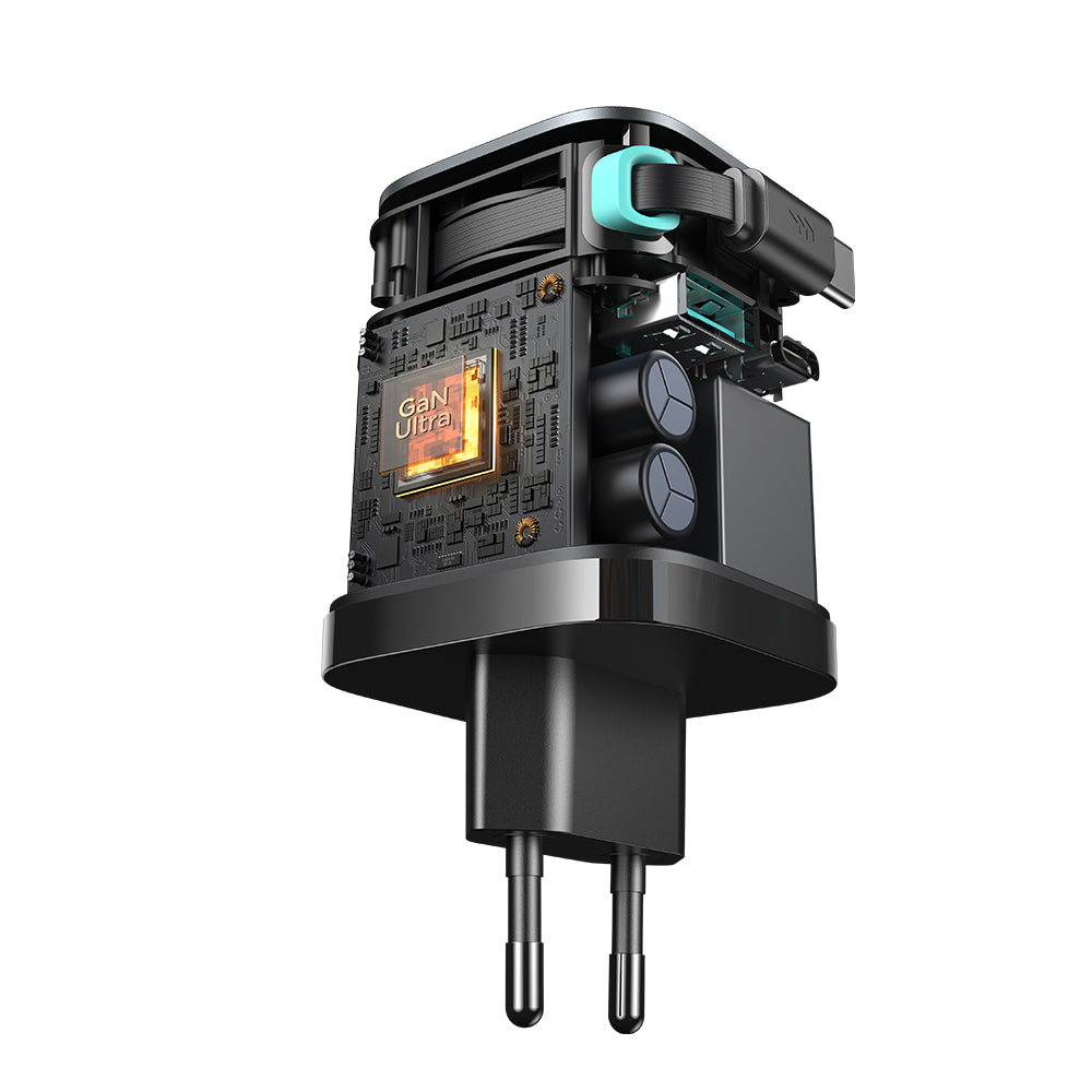 Joyroom JR-TCL02 65W USB-A USB-C GaN oplader med indbygget USB-C kabel - sort