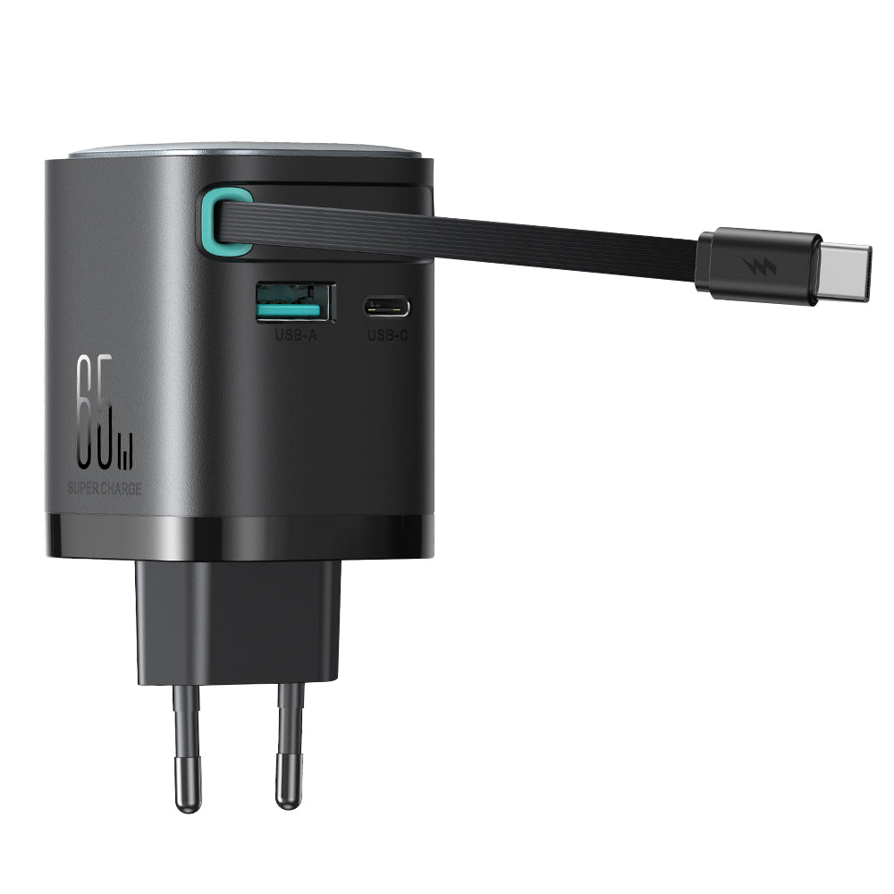 Joyroom JR-TCL02 65W USB-A USB-C GaN oplader med indbygget USB-C kabel - sort