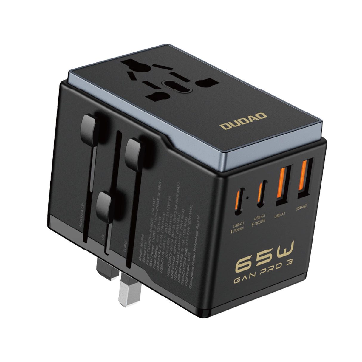 Dudao A65Pro 65W EU / US / JP / AUS / UK rejseadapter 2x USB-C 2x USB-A - sort