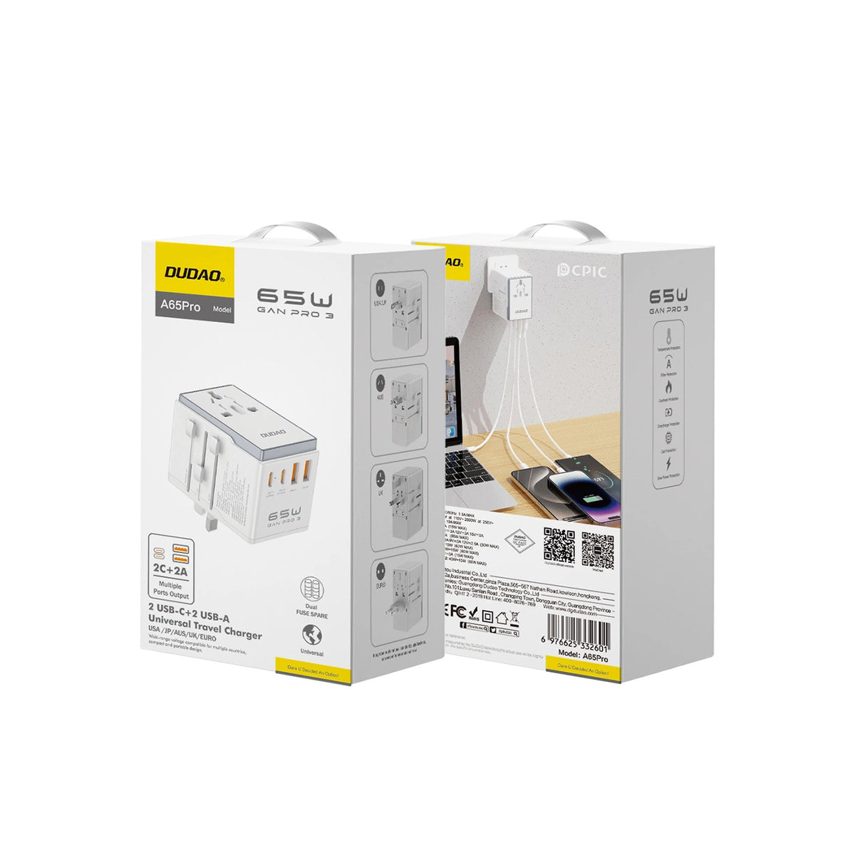 Dudao A65Pro 65W EU / US / JP / AUS / UK rejseadapter 2x USB-C 2x USB-A - hvid