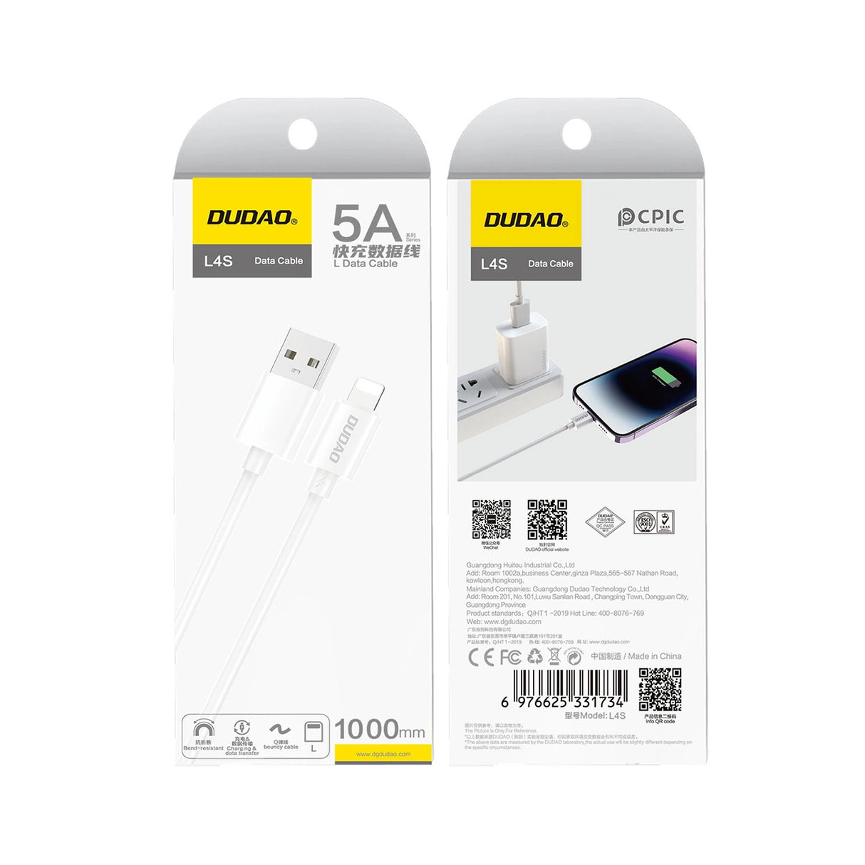 Dudao L4SL USB-A / Lightning 2A kabel 1m - hvid