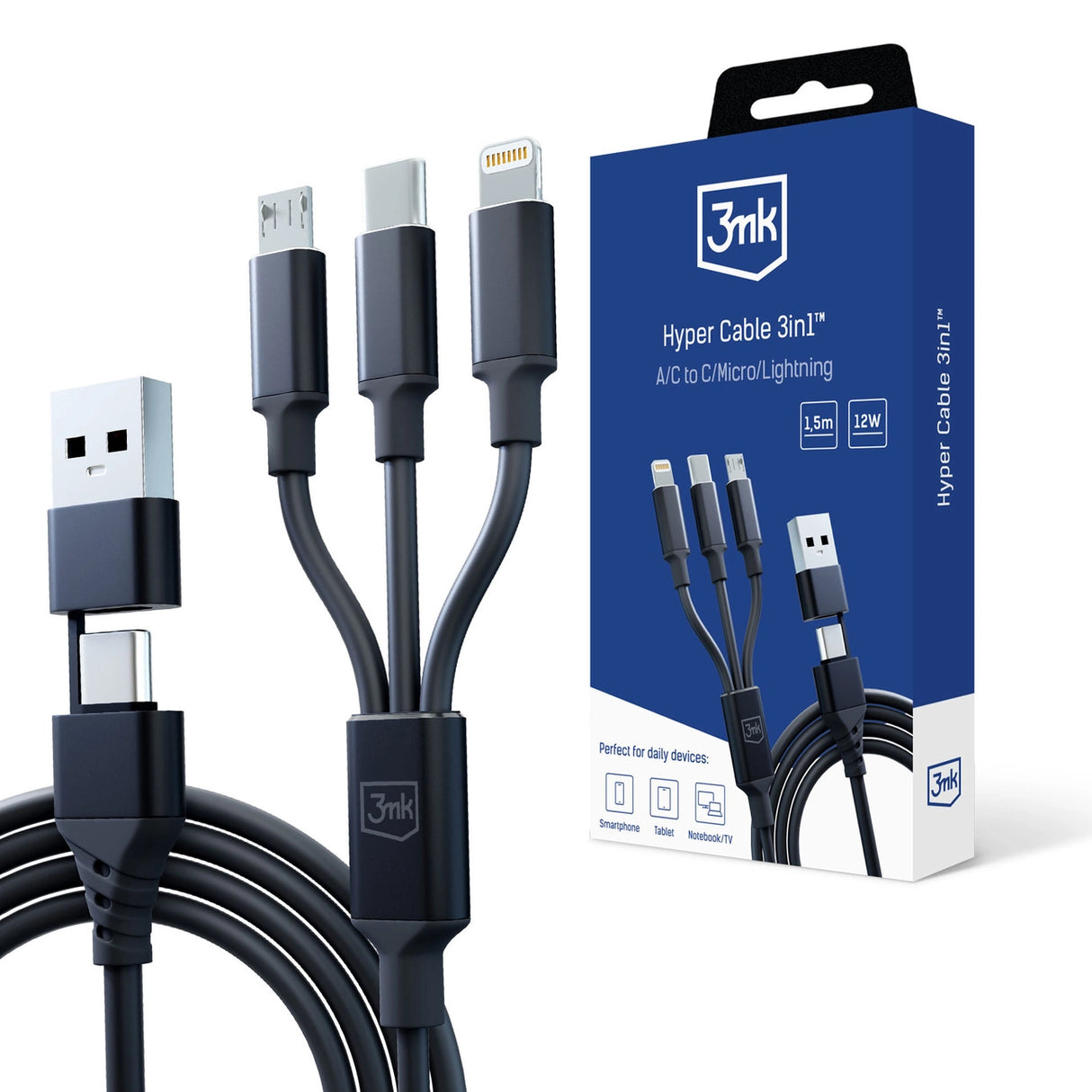 3mk Hyper Cable 3in1 USB-A - USB-C / USB-C - micro USB - Lightning 1,5m - sort