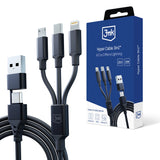 3mk Hyper Cable 3in1 USB-A - USB-C / USB-C - micro USB - Lightning 1,5m - sort