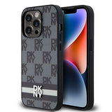 DKNY Leather Checkered Mono Pattern & Printed Stripes iPhone 14 Pro Case - Black