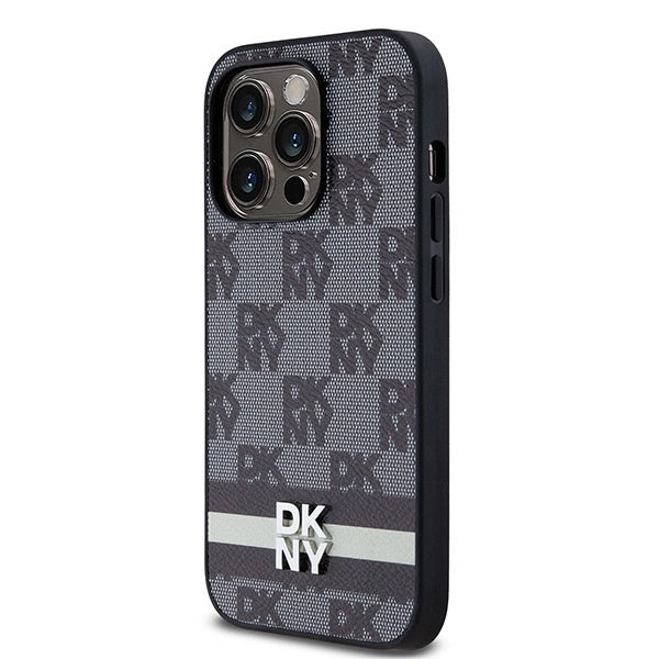 DKNY Leather Checkered Mono Pattern & Printed Stripes iPhone 14 Pro Case - Black