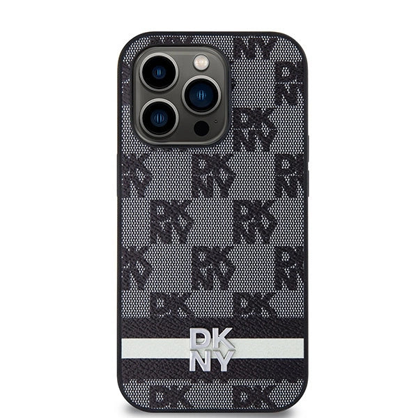 DKNY Leather Checkered Mono Pattern & Printed Stripes iPhone 14 Pro Case - Black