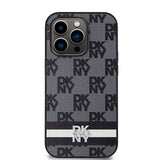 DKNY Leather Checkered Mono Pattern & Printed Stripes iPhone 14 Pro Case - Black