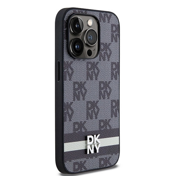 DKNY Leather Checkered Mono Pattern & Printed Stripes iPhone 14 Pro Case - Black