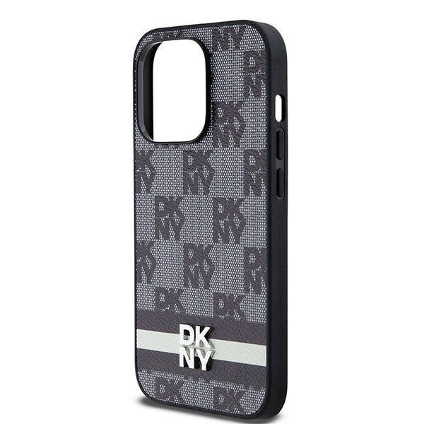 DKNY Leather Checkered Mono Pattern & Printed Stripes iPhone 14 Pro Case - Black