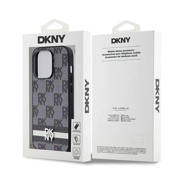 DKNY Leather Checkered Mono Pattern & Printed Stripes iPhone 14 Pro Case - Black